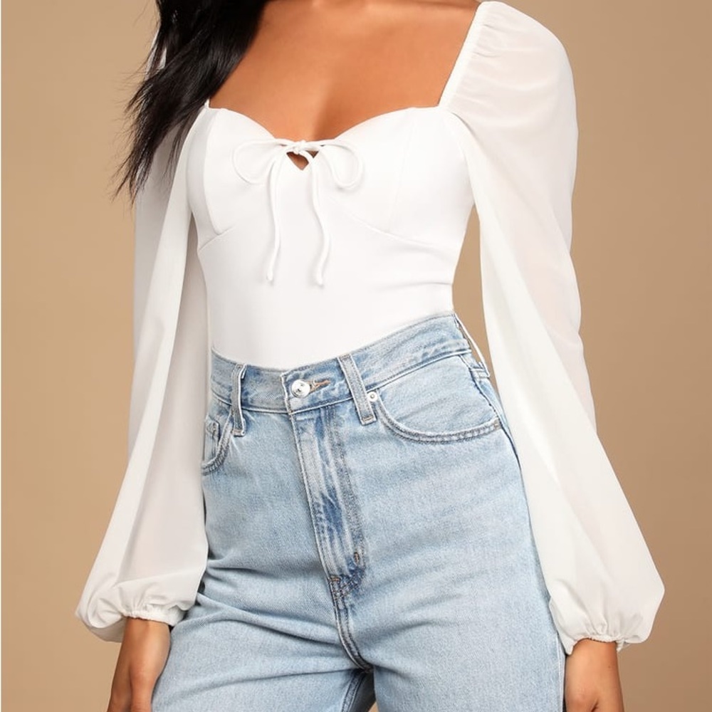 Never Tied Down White Lace-Up Long Sleeve Bodysuit